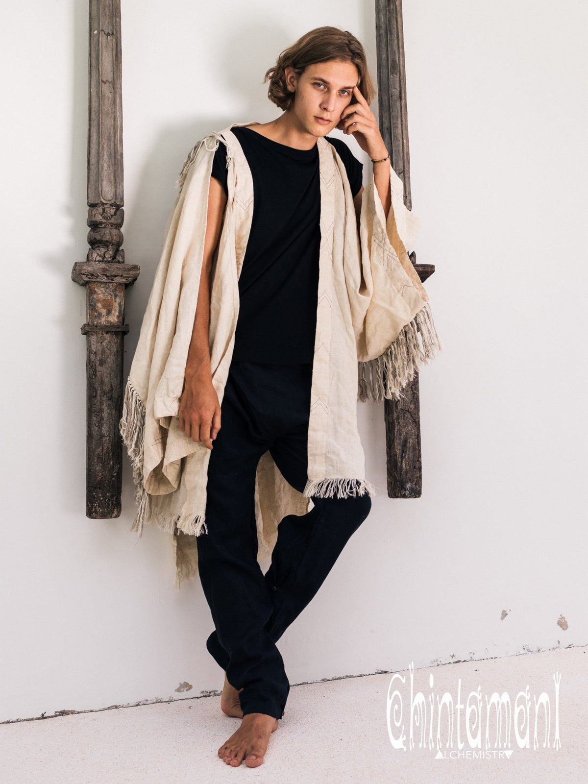 Linen Fringe Kimono Cardigan for Men / Off White Cream - ChintamaniAlchemi