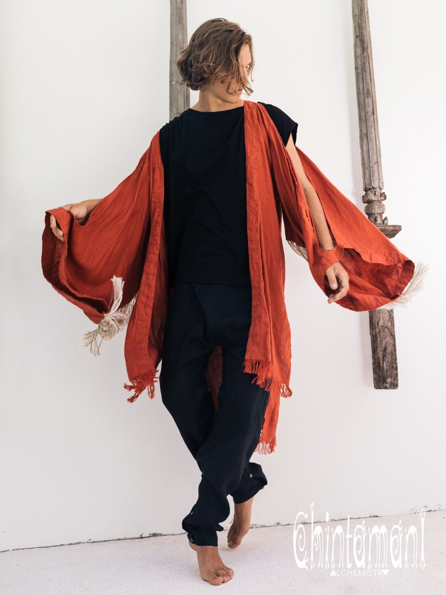 Linen Fringe Kimono Cardigan for Men / Red Ochre - ChintamaniAlchemi