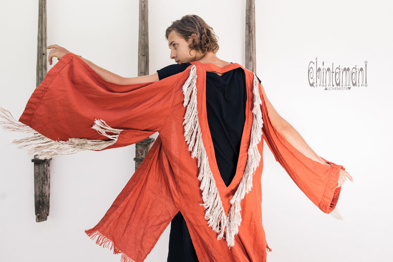 Linen Fringe Kimono Cardigan for Men / Red Ochre - ChintamaniAlchemi