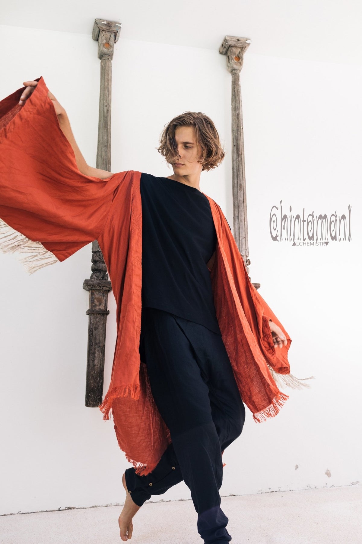 Linen Fringe Kimono Cardigan for Men / Red Ochre - ChintamaniAlchemi