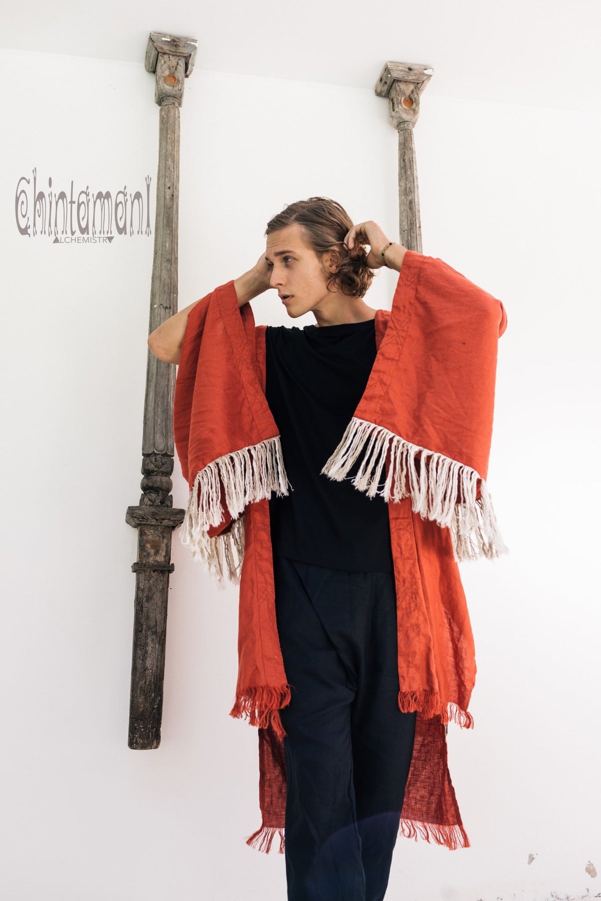 Linen Fringe Kimono Cardigan for Men / Red Ochre - ChintamaniAlchemi