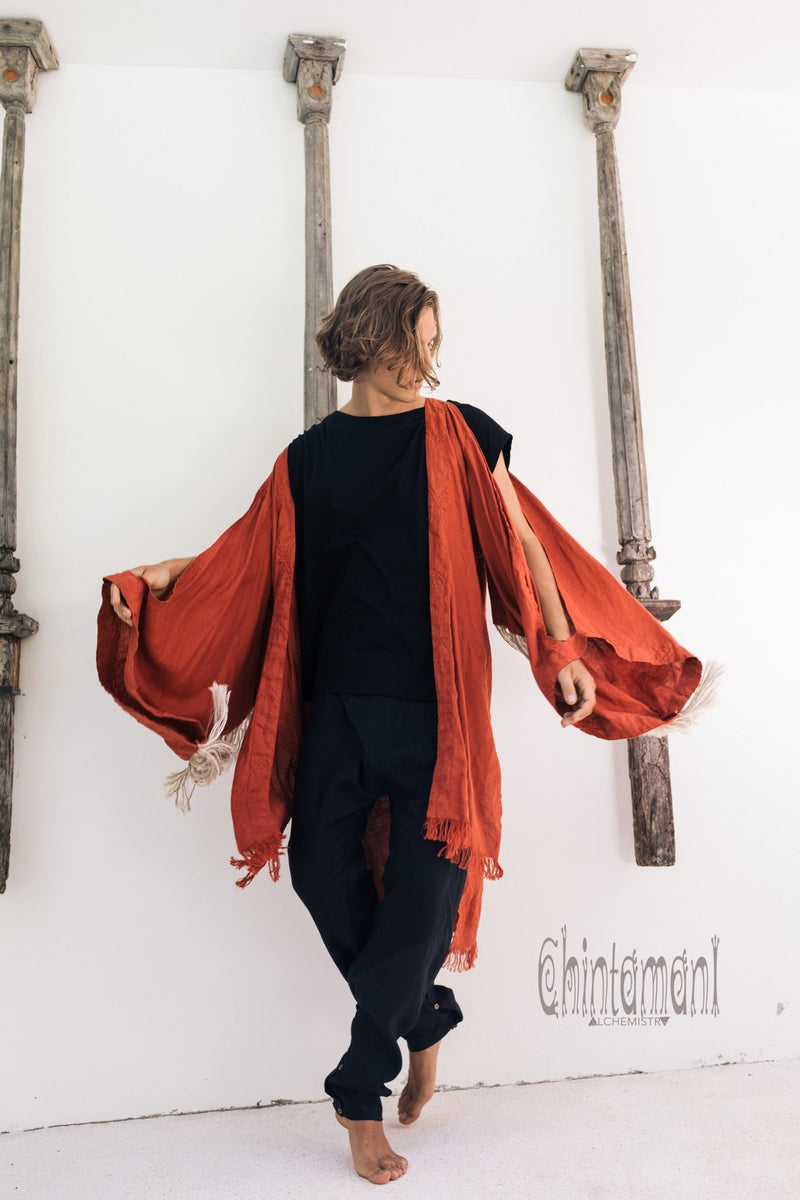 Linen Fringe Kimono Cardigan for Men / Red Ochre - ChintamaniAlchemi
