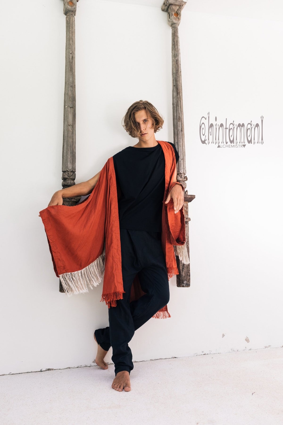 Linen Fringe Kimono Cardigan for Men / Red Ochre - ChintamaniAlchemi