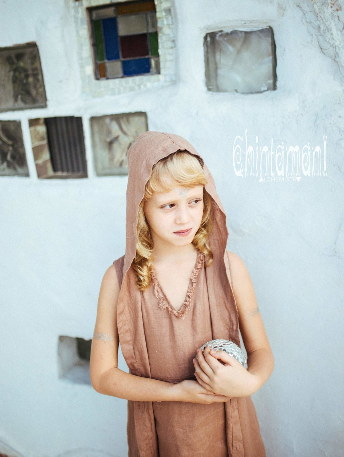 Linen Hood Dress for Girl Age 5-13 / Button Front Fringe Shirt Dress / Dusty Pink - ChintamaniAlchemi