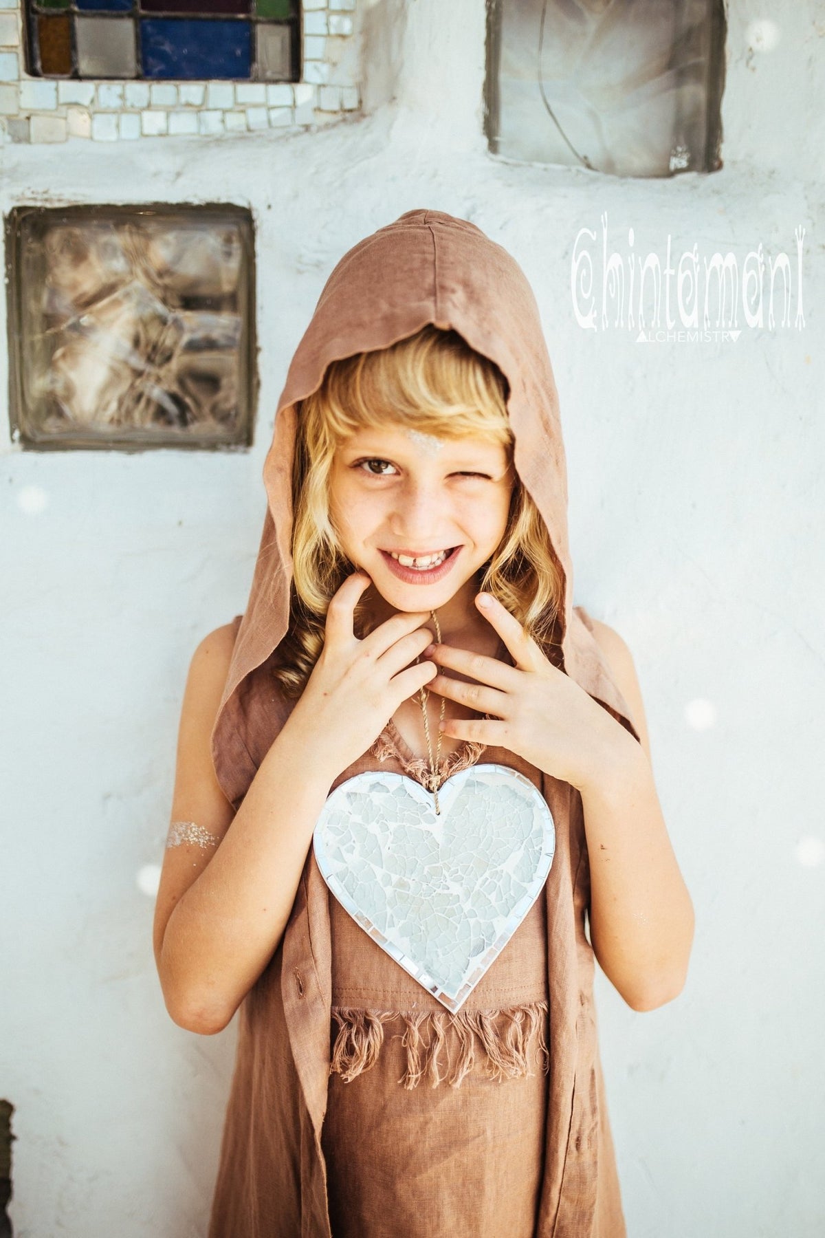 Linen Hood Dress for Girl Age 5-13 / Button Front Fringe Shirt Dress / Dusty Pink - ChintamaniAlchemi