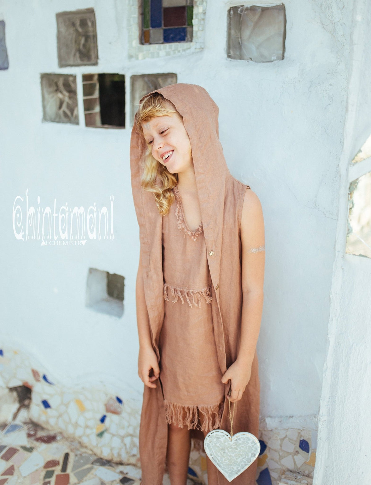 Linen Hood Dress for Girl Age 5-13 / Button Front Fringe Shirt Dress / Dusty Pink - ChintamaniAlchemi