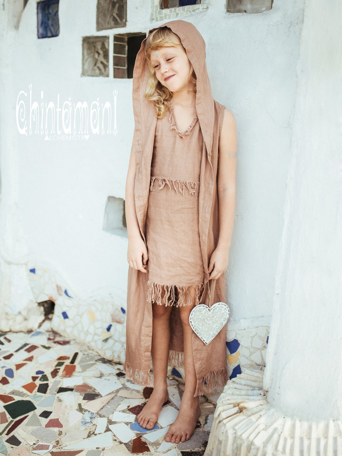 Linen Hood Dress for Girl Age 5-13 / Button Front Fringe Shirt Dress / Dusty Pink - ChintamaniAlchemi