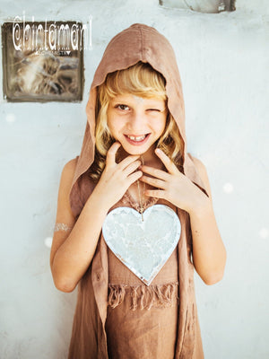 Linen Hood Dress for Girl Age 5-13 / Button Front Fringe Shirt Dress / Dusty Pink - ChintamaniAlchemi