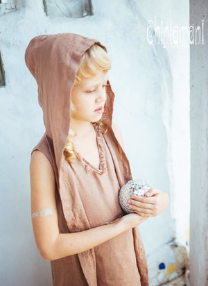 Linen Hood Dress for Girl Age 5-13 / Button Front Fringe Shirt Dress / Dusty Pink - ChintamaniAlchemi