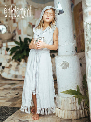 Linen Hood Dress for Girl Age 5-13 / Button Front Fringe Shirt Dress / Grey - ChintamaniAlchemi