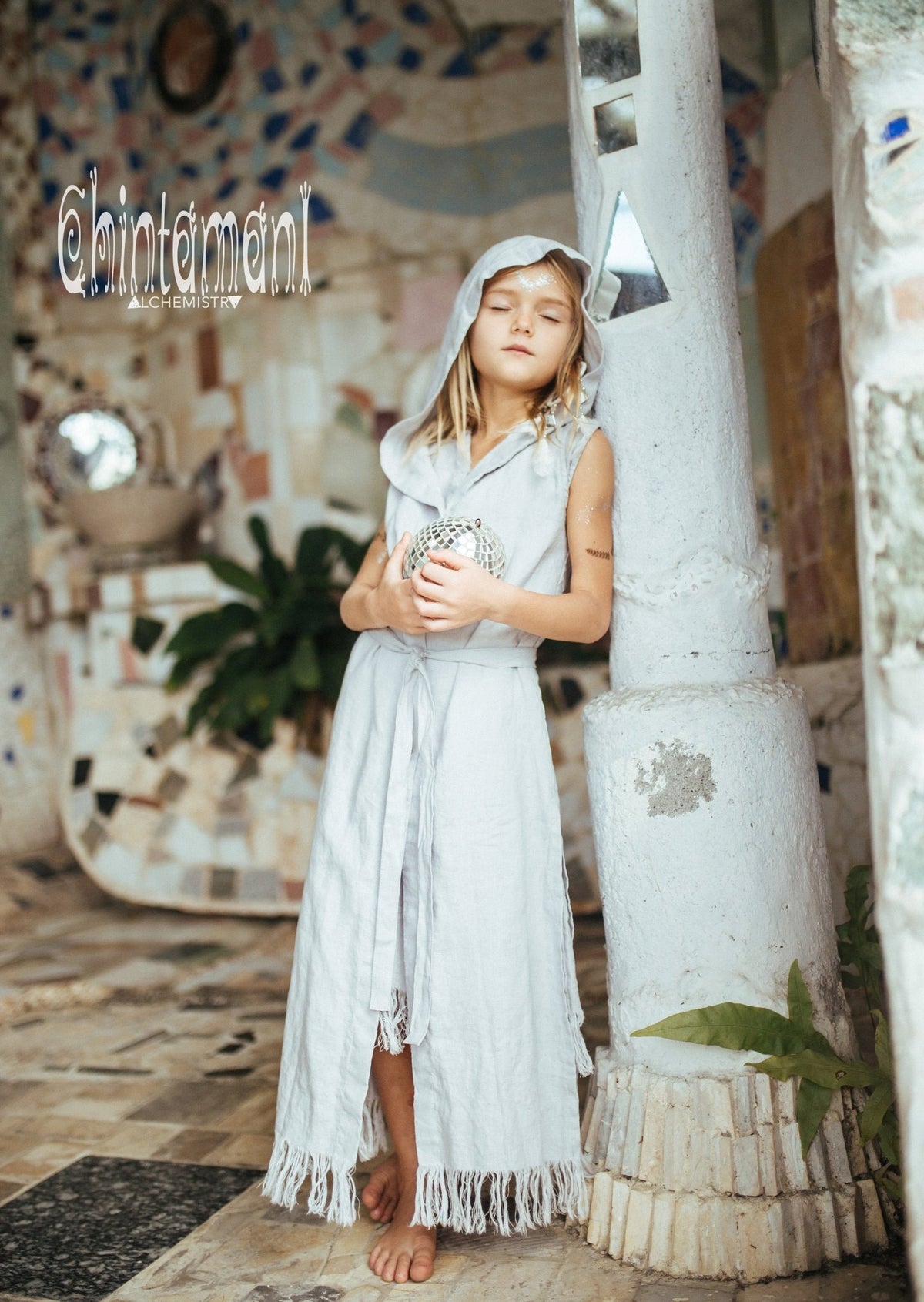 Linen Hood Dress for Girl Age 5-13 / Button Front Fringe Shirt Dress / Grey - ChintamaniAlchemi