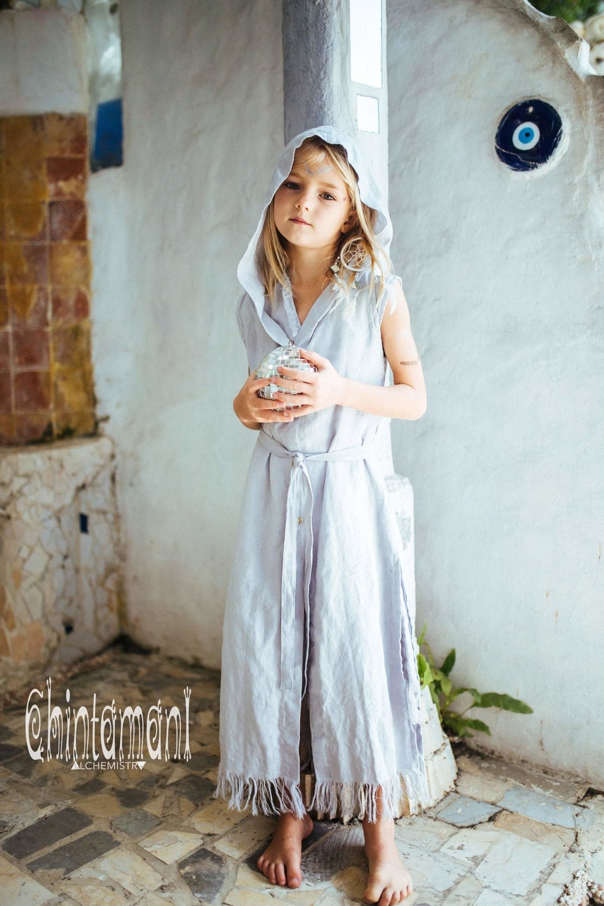 Linen Hood Dress for Girl Age 5-13 / Button Front Fringe Shirt Dress / Grey - ChintamaniAlchemi