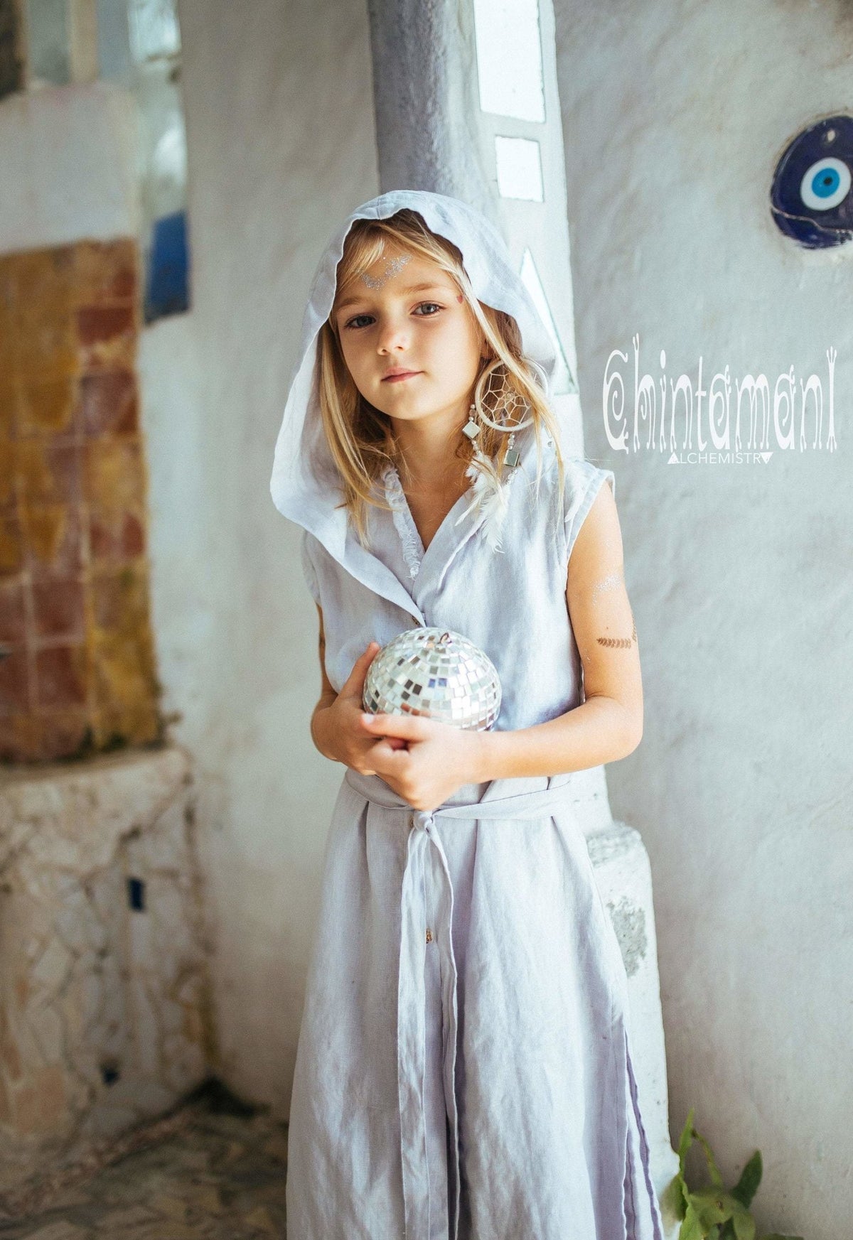 Linen Hood Dress for Girl Age 5-13 / Button Front Fringe Shirt Dress / Grey - ChintamaniAlchemi