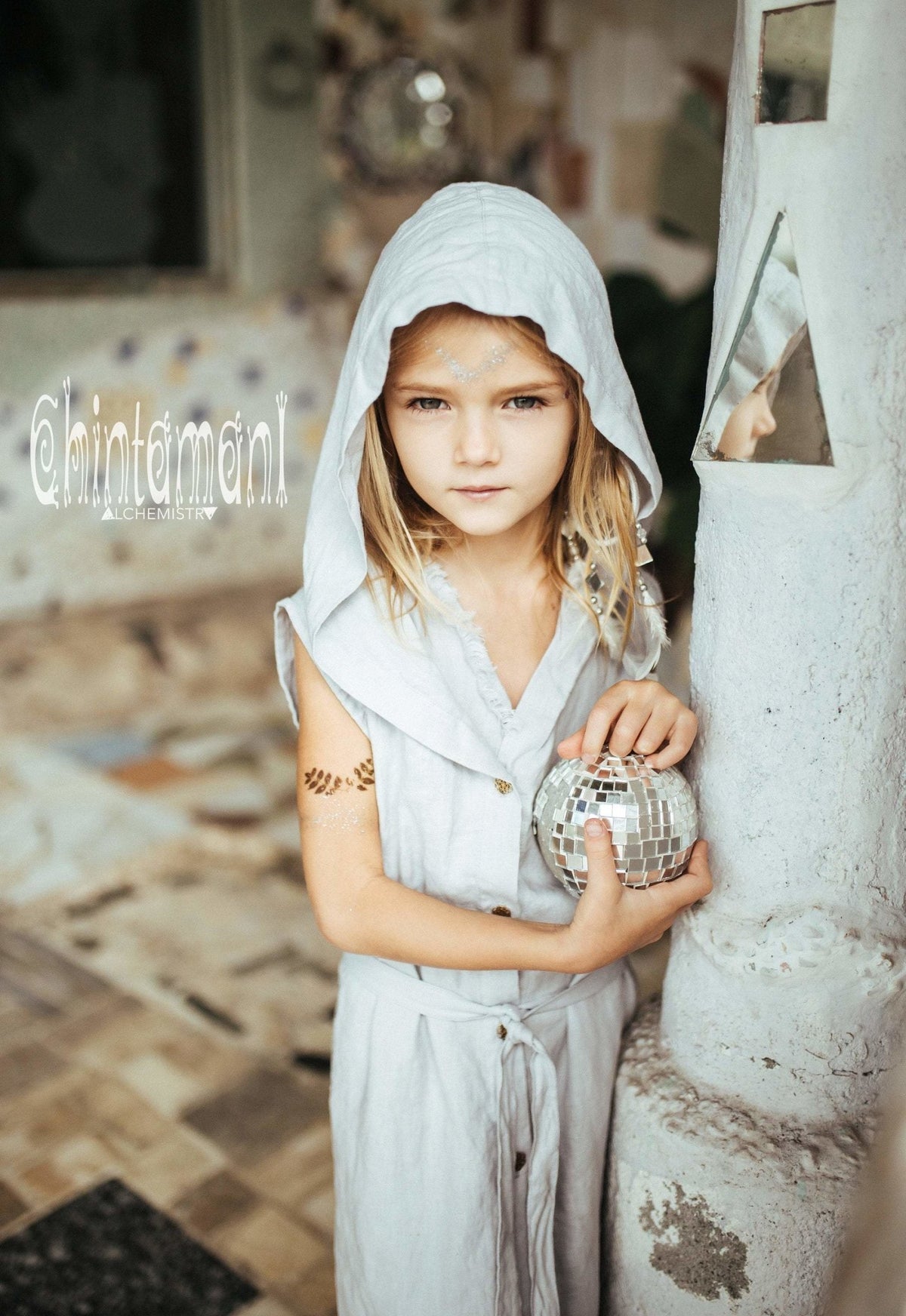 Linen Hood Dress for Girl Age 5-13 / Button Front Fringe Shirt Dress / Grey - ChintamaniAlchemi