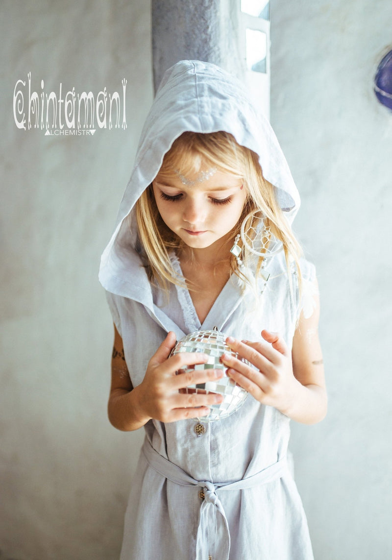 Linen Hood Dress for Girl Age 5-13 / Button Front Fringe Shirt Dress / Grey - ChintamaniAlchemi