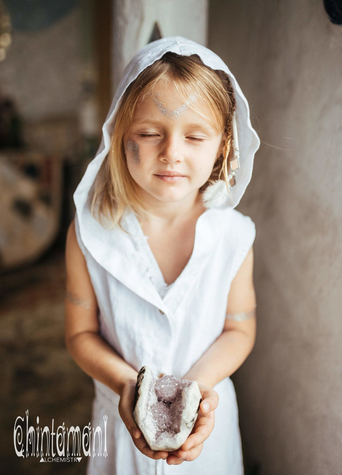 Linen Hood Dress for Girl Age 5-13 / Button Front Fringe Shirt Dress / White - ChintamaniAlchemi