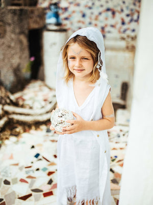 Linen Hood Dress for Girl Age 5-13 / Button Front Fringe Shirt Dress / White - ChintamaniAlchemi