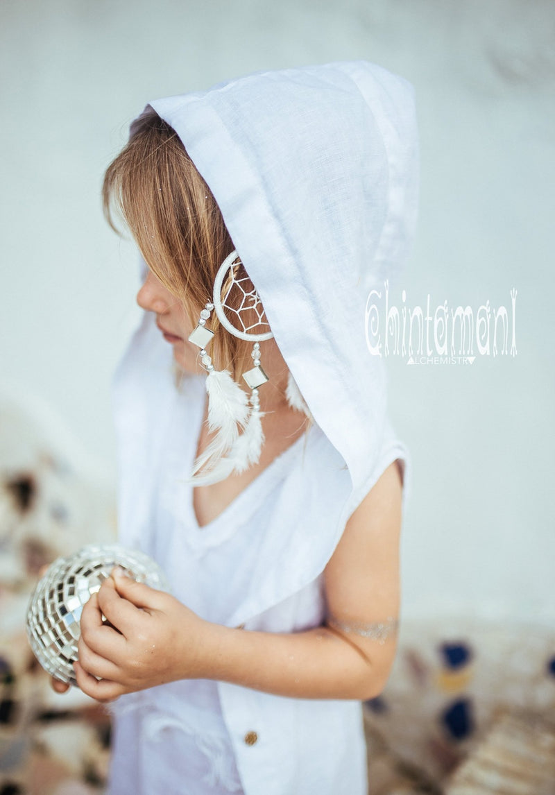 Linen Hood Dress for Girl Age 5-13 / Button Front Fringe Shirt Dress / White - ChintamaniAlchemi
