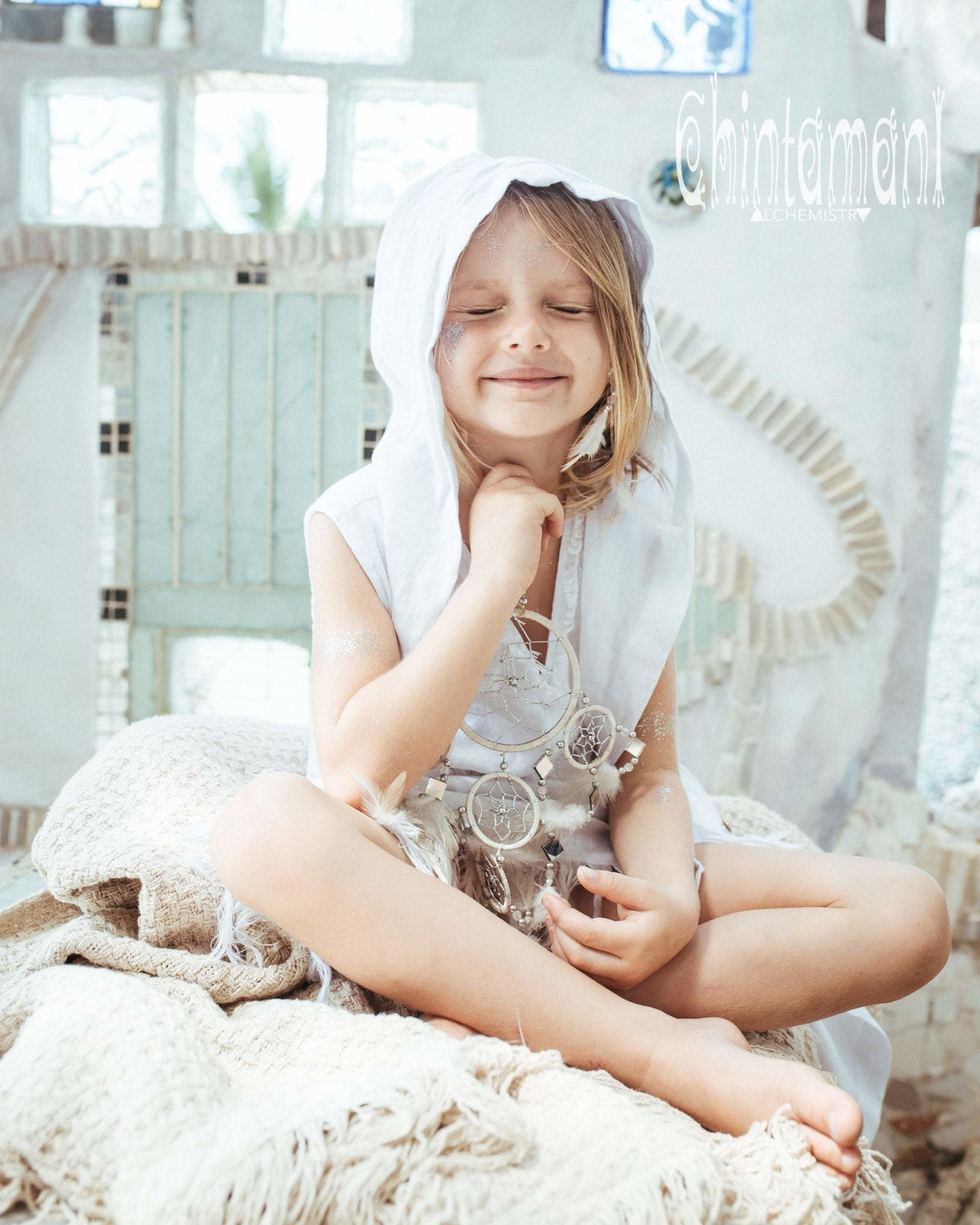 Linen Hood Dress for Girl Age 5-13 / Button Front Fringe Shirt Dress / White - ChintamaniAlchemi