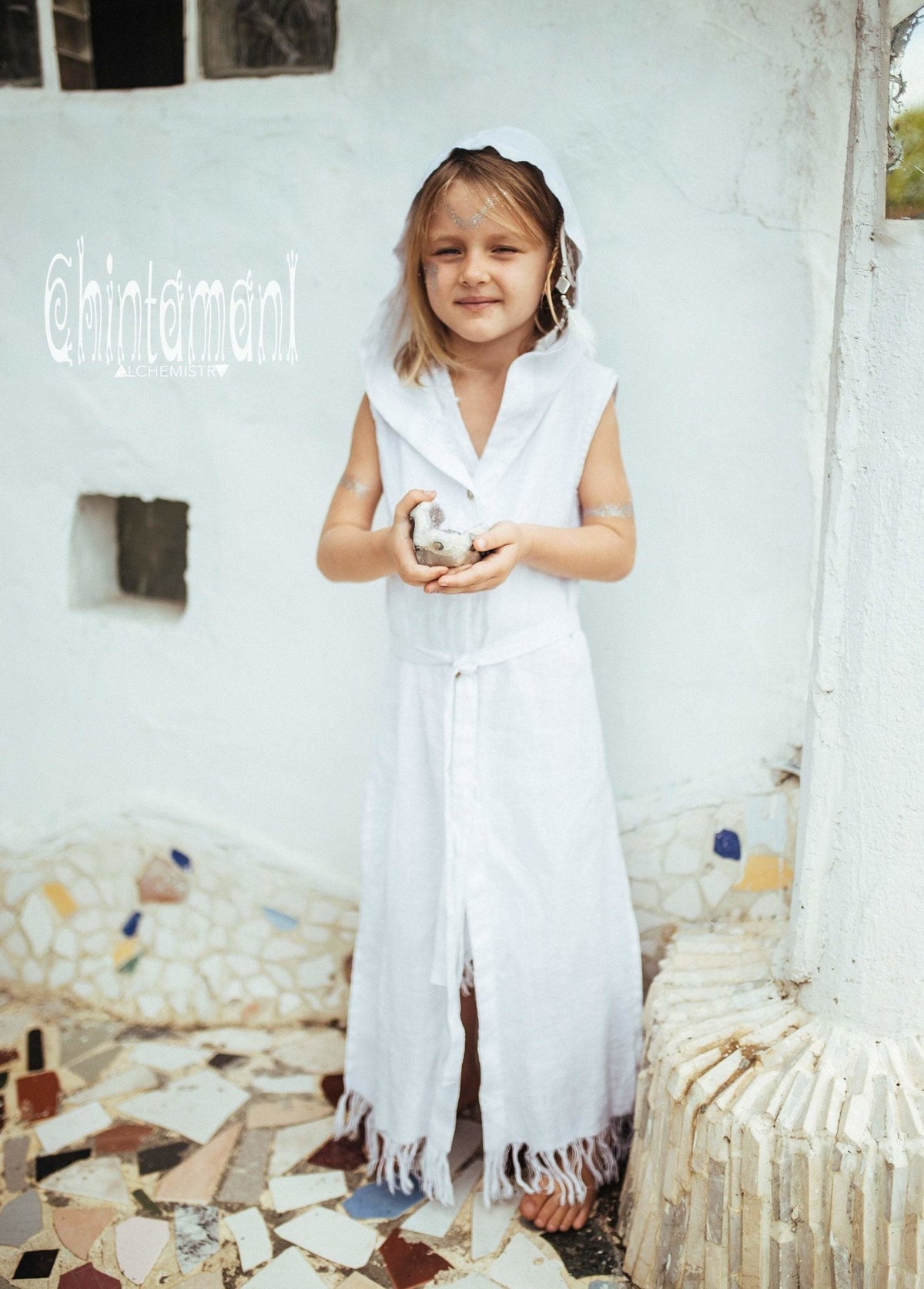 Linen Hood Dress for Girl Age 5-13 / Button Front Fringe Shirt Dress / White - ChintamaniAlchemi