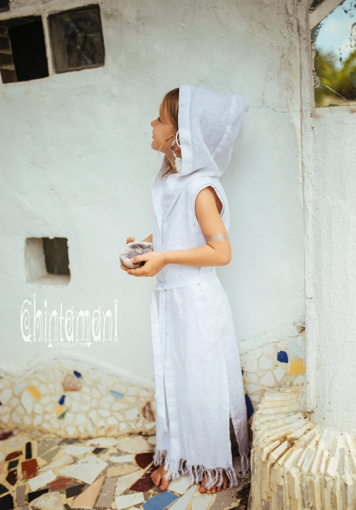 Linen Hood Dress for Girl Age 5-13 / Button Front Fringe Shirt Dress / White - ChintamaniAlchemi