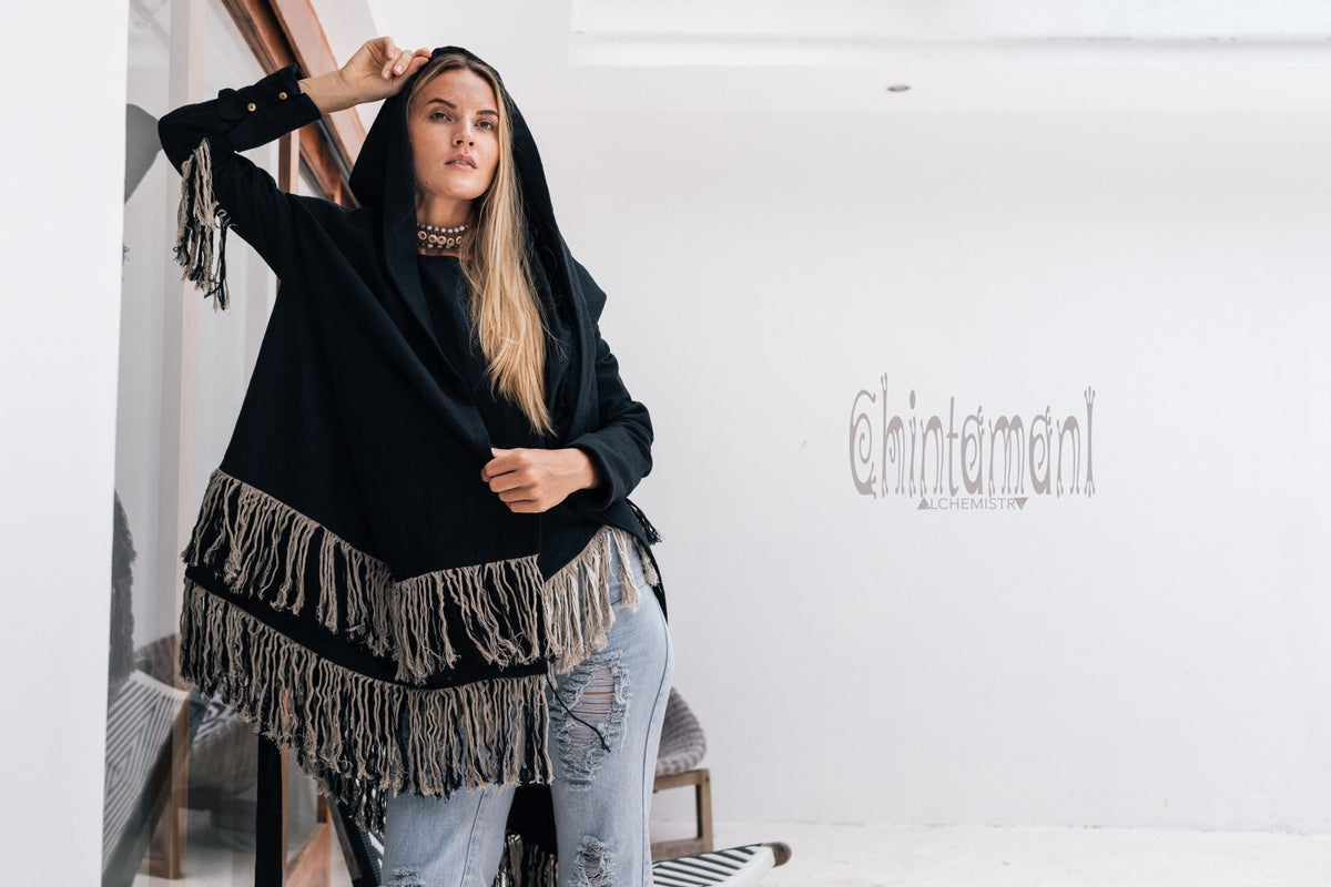 Linen &amp; Silk Fringe Jacket for Women / Hooded Cardigan / Black - ChintamaniAlchemi