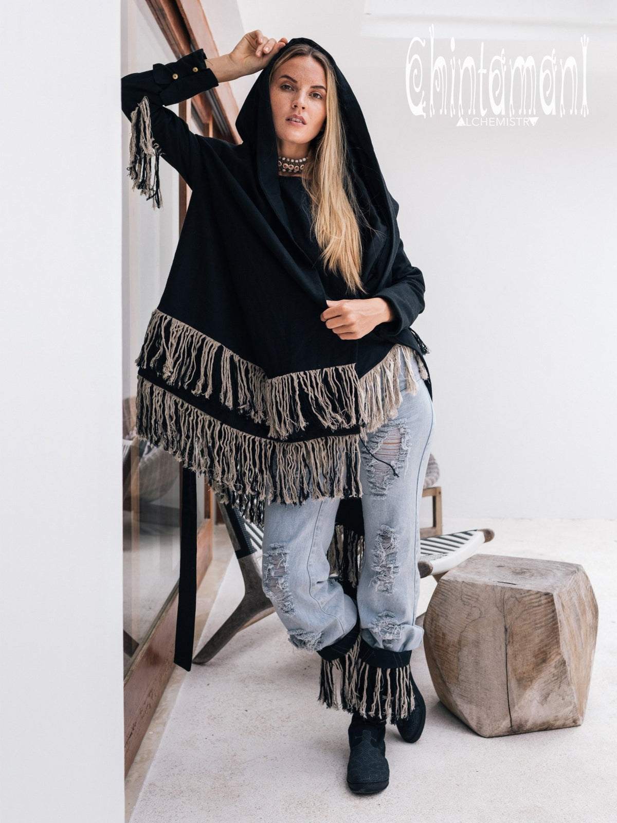 Linen &amp; Silk Fringe Jacket for Women / Hooded Cardigan / Black - ChintamaniAlchemi