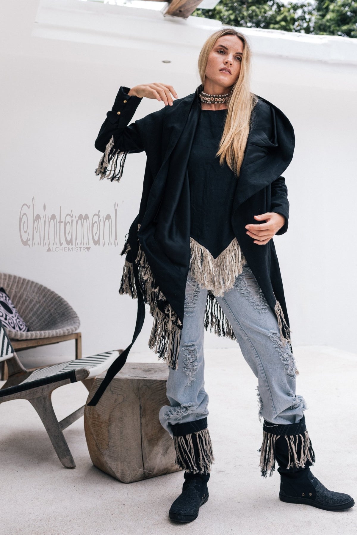 Linen &amp; Silk Fringe Jacket for Women / Hooded Cardigan / Black - ChintamaniAlchemi