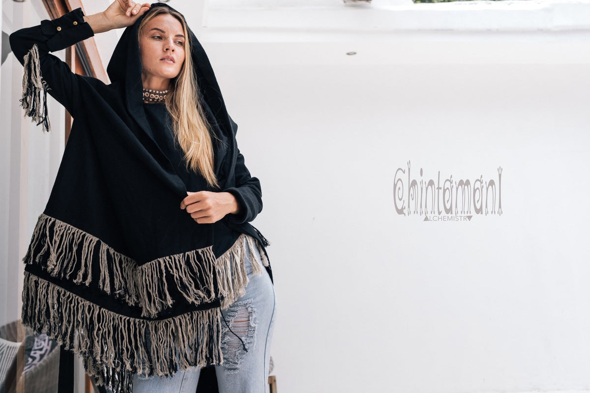 Linen &amp; Silk Fringe Jacket for Women / Hooded Cardigan / Black - ChintamaniAlchemi