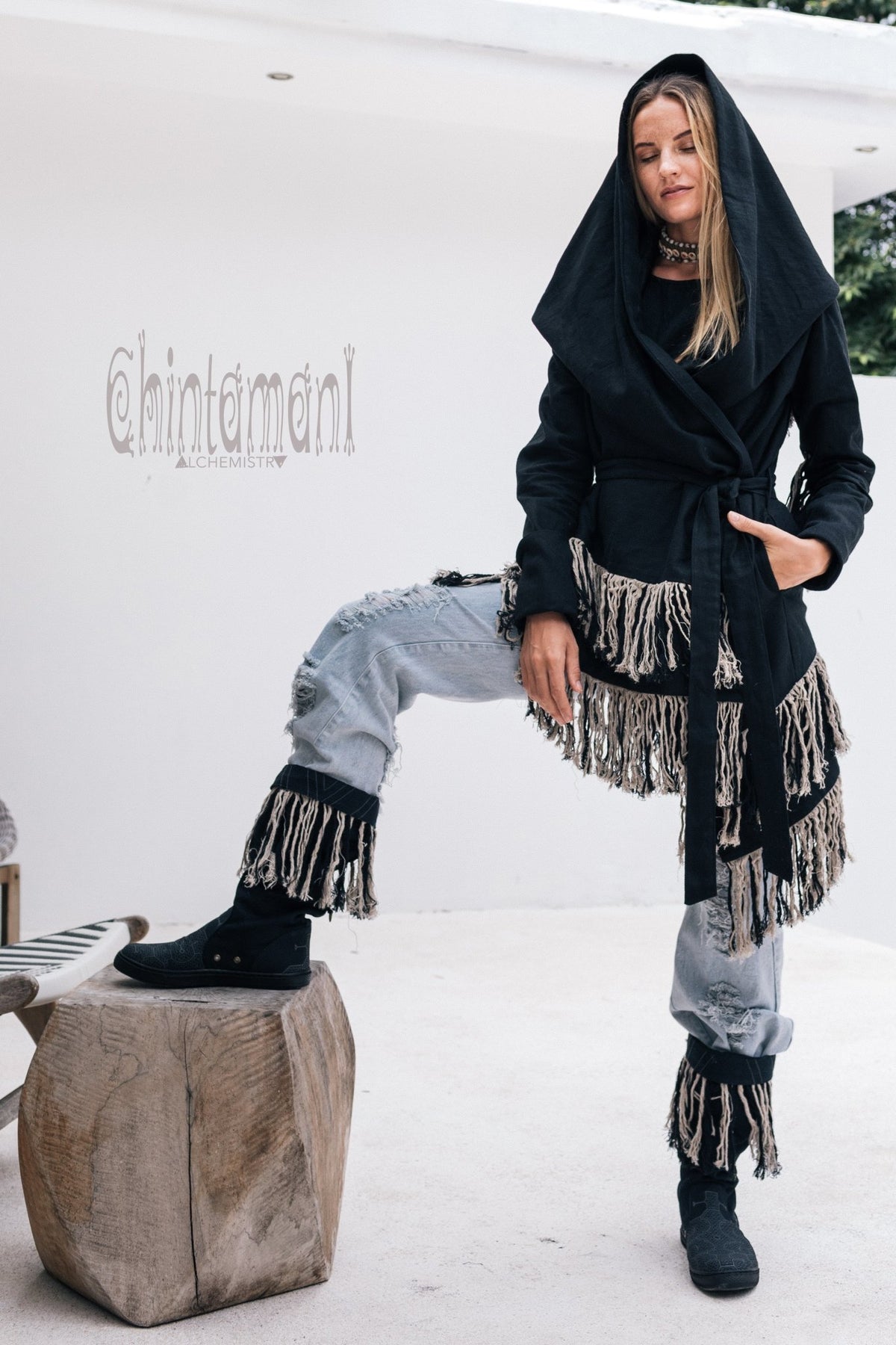 Linen &amp; Silk Fringe Jacket for Women / Hooded Cardigan / Black - ChintamaniAlchemi