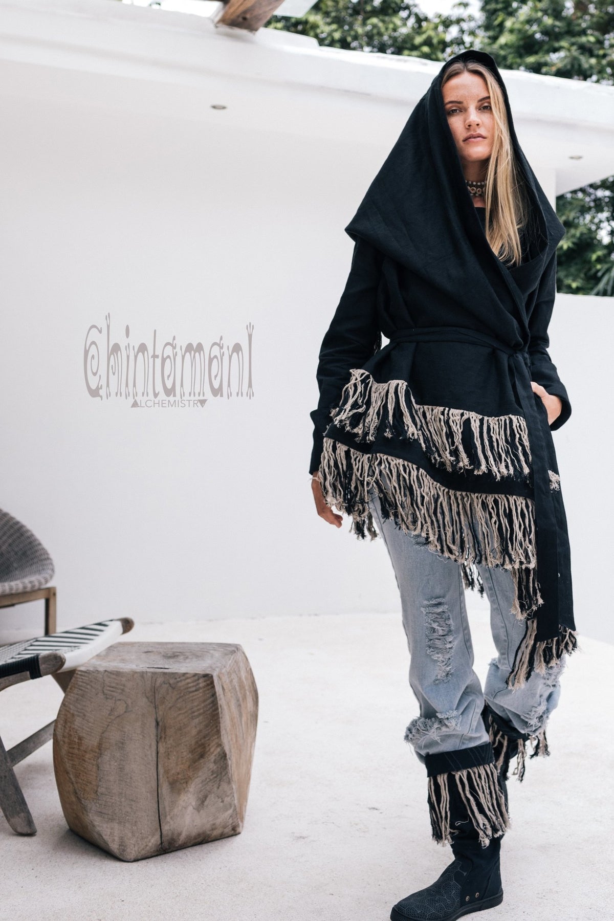 Linen &amp; Silk Fringe Jacket for Women / Hooded Cardigan / Black - ChintamaniAlchemi