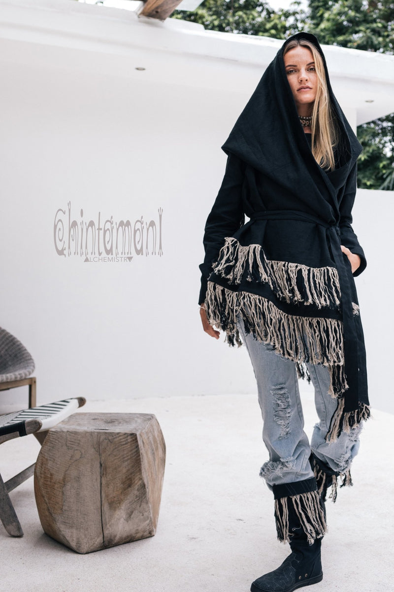 Linen & Silk Fringe Jacket for Women / Hooded Cardigan / Black - ChintamaniAlchemi