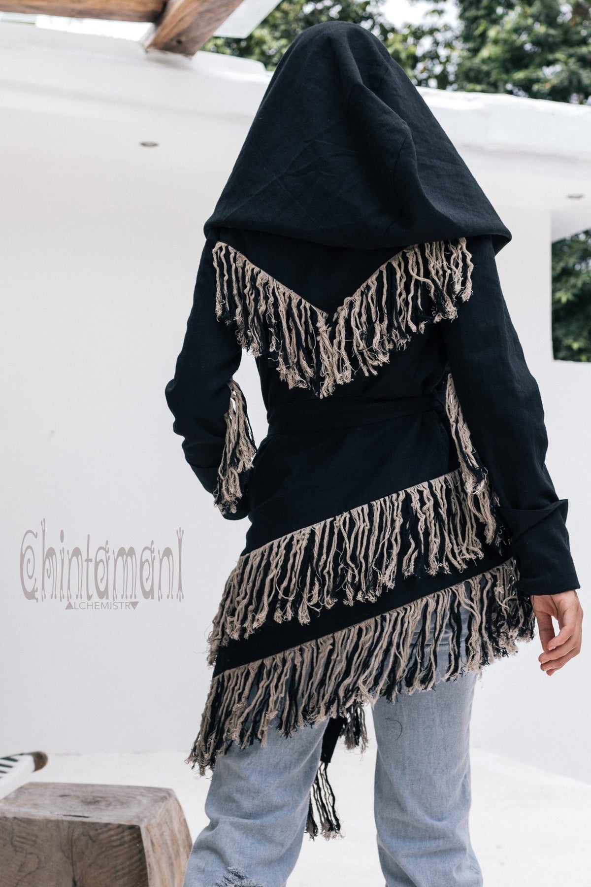 Linen &amp; Silk Fringe Jacket for Women / Hooded Cardigan / Black - ChintamaniAlchemi