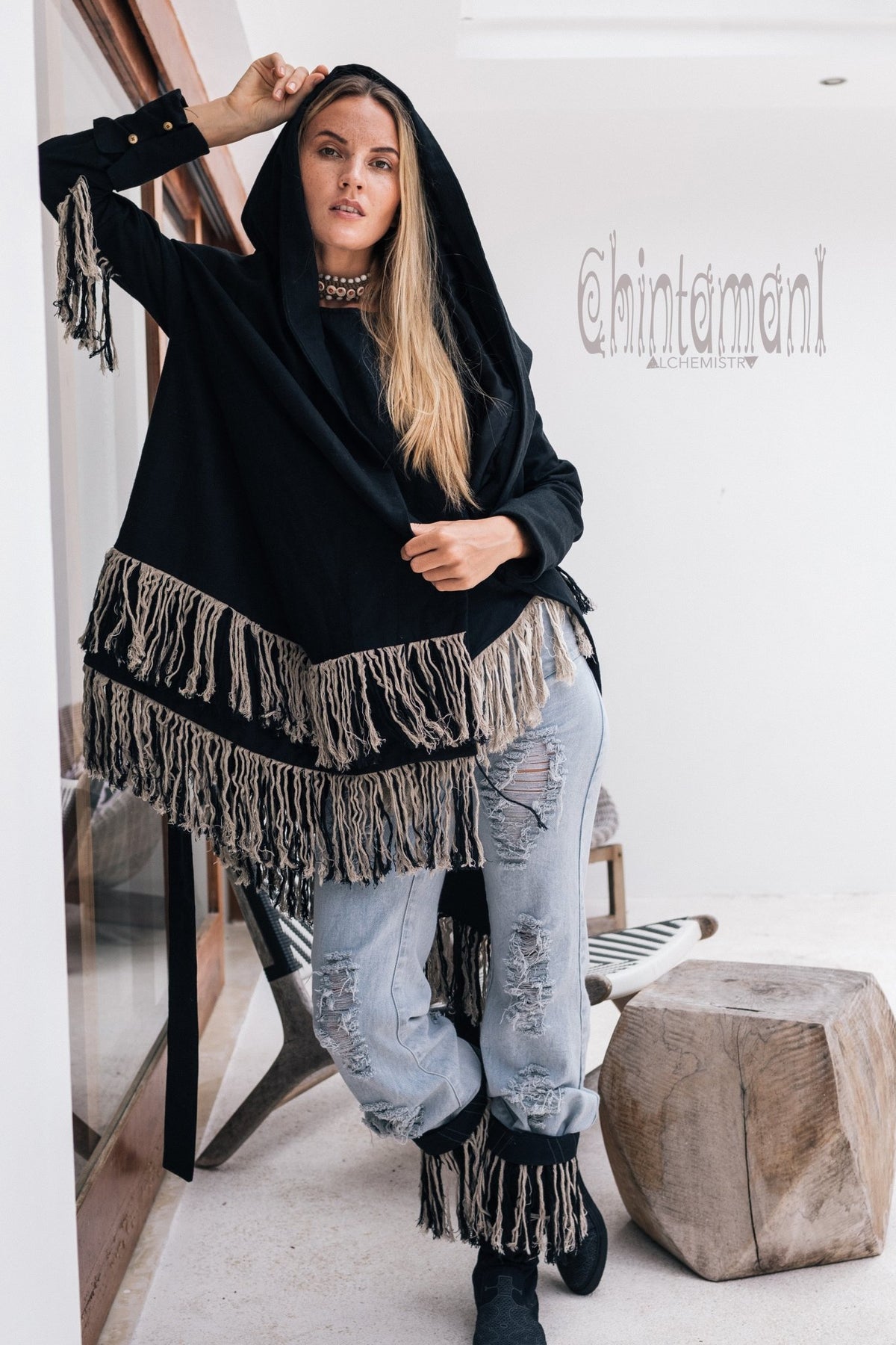 Linen &amp; Silk Fringe Jacket for Women / Hooded Cardigan / Black - ChintamaniAlchemi