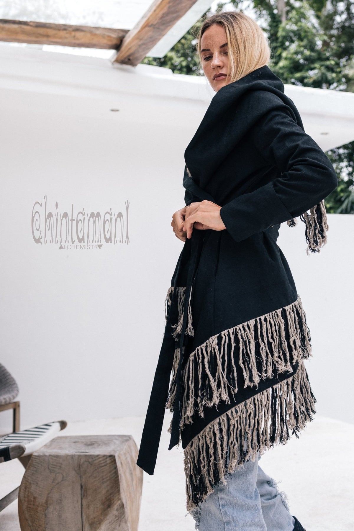 Linen &amp; Silk Fringe Jacket for Women / Hooded Cardigan / Black - ChintamaniAlchemi