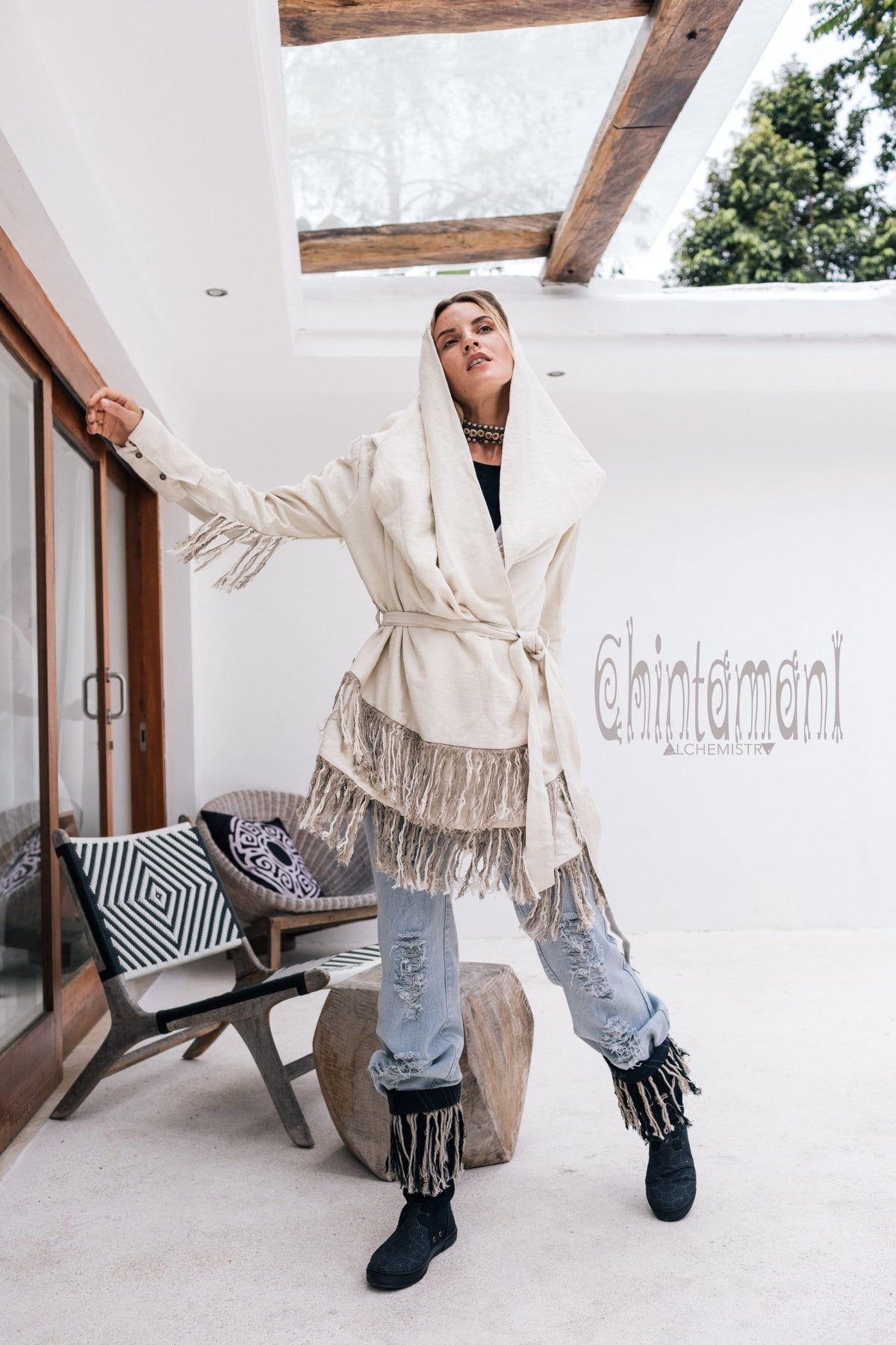 Linen &amp; Silk Fringe Jacket for Women / Hooded Cardigan / Cream - ChintamaniAlchemi