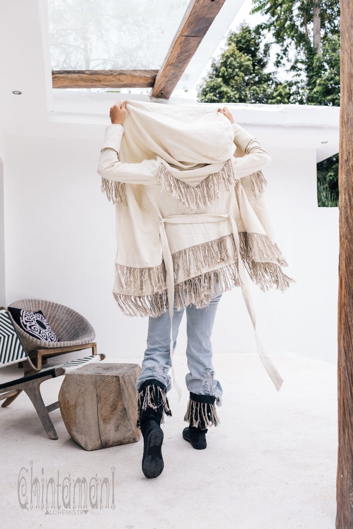 Linen &amp; Silk Fringe Jacket for Women / Hooded Cardigan / Cream - ChintamaniAlchemi