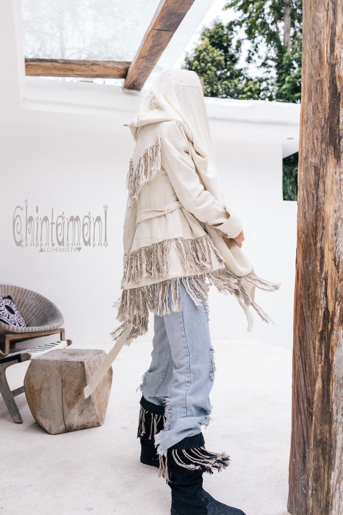 Linen &amp; Silk Fringe Jacket for Women / Hooded Cardigan / Cream - ChintamaniAlchemi