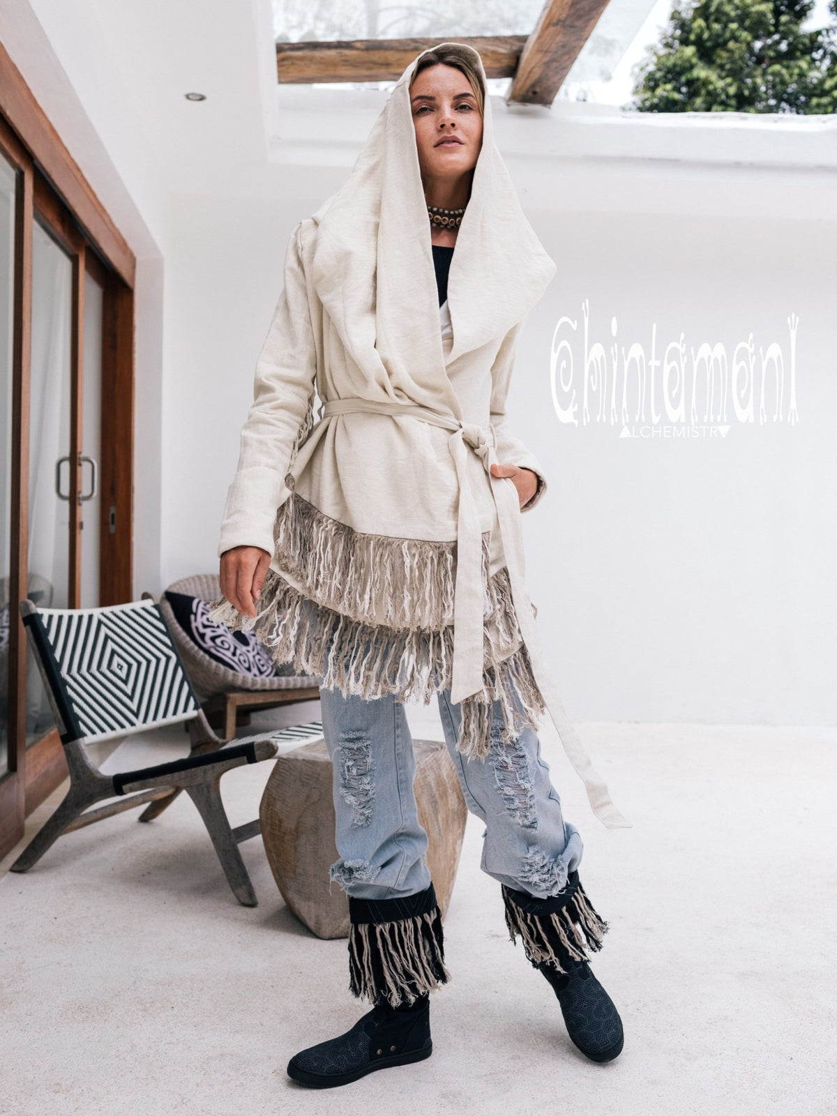 Linen &amp; Silk Fringe Jacket for Women / Hooded Cardigan / Cream - ChintamaniAlchemi