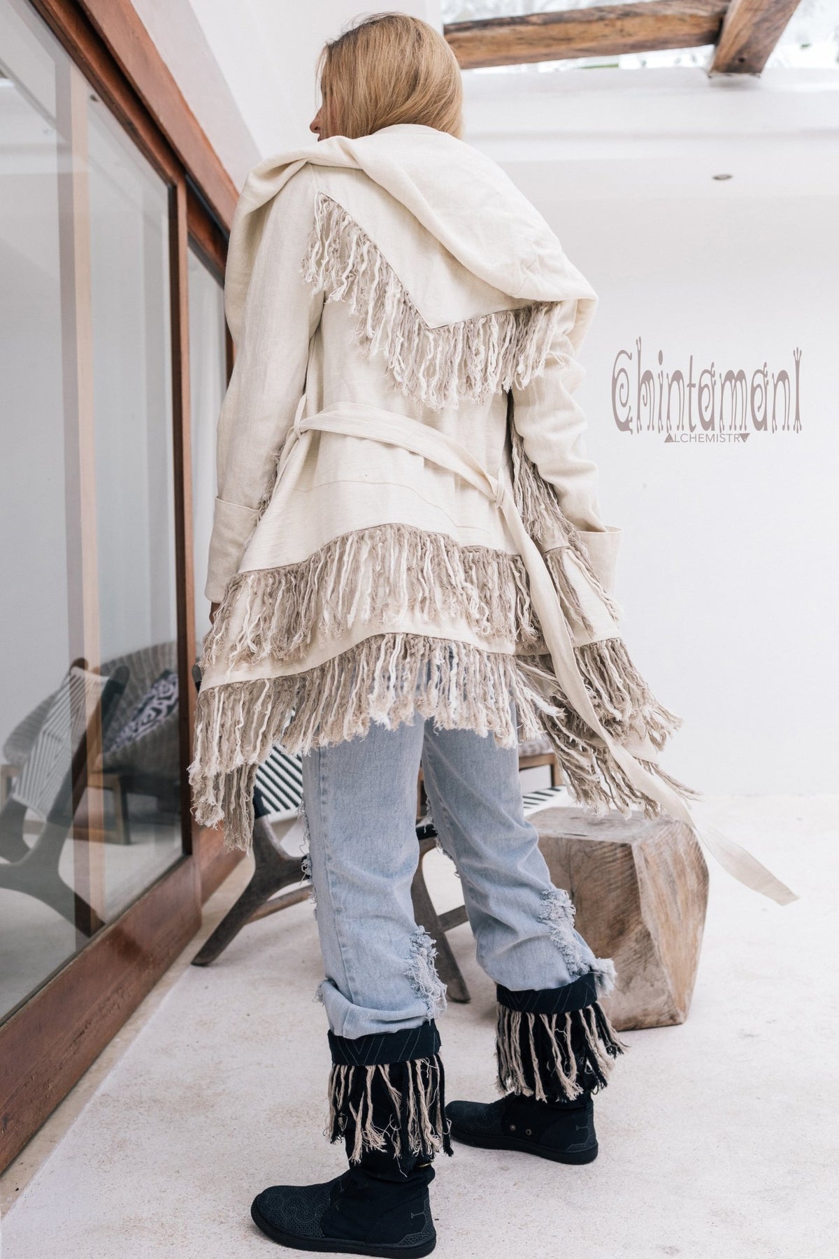 Linen &amp; Silk Fringe Jacket for Women / Hooded Cardigan / Cream - ChintamaniAlchemi