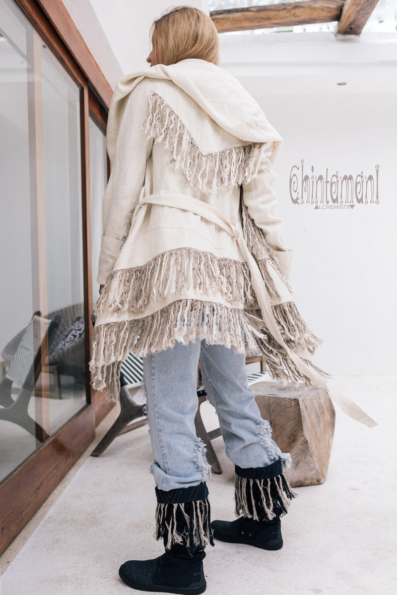 Linen & Silk Fringe Jacket for Women / Hooded Cardigan / Cream - ChintamaniAlchemi