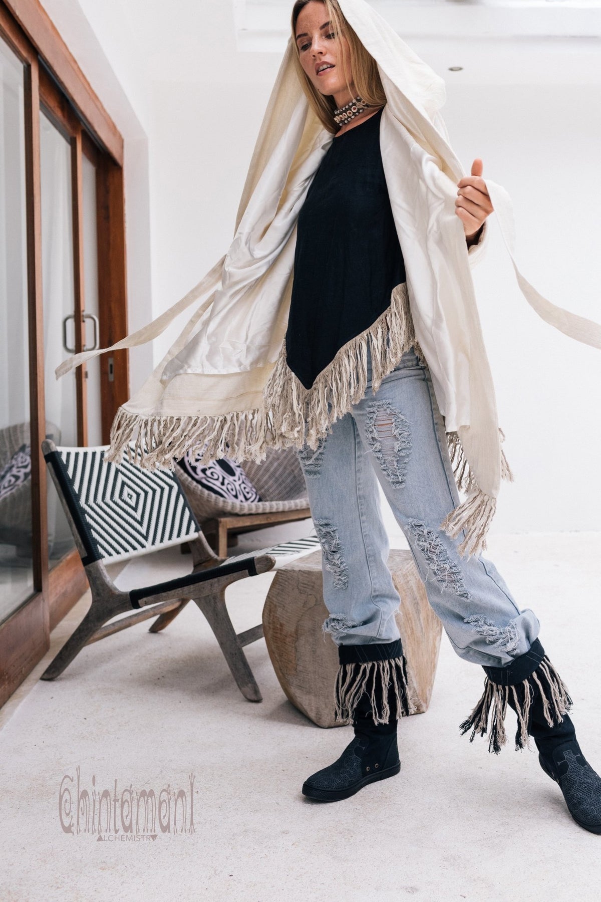 Linen &amp; Silk Fringe Jacket for Women / Hooded Cardigan / Cream - ChintamaniAlchemi