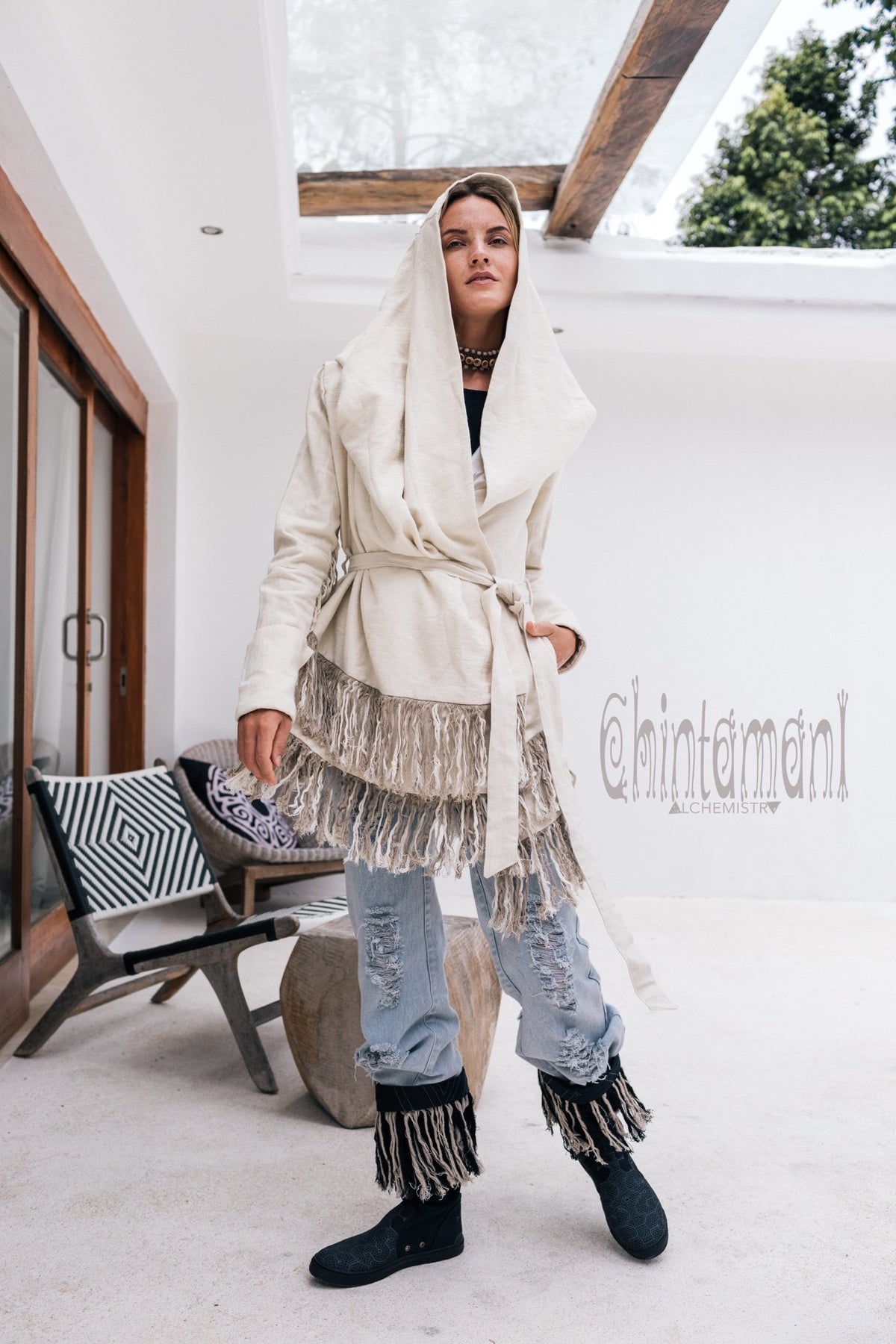 Linen &amp; Silk Fringe Jacket for Women / Hooded Cardigan / Cream - ChintamaniAlchemi