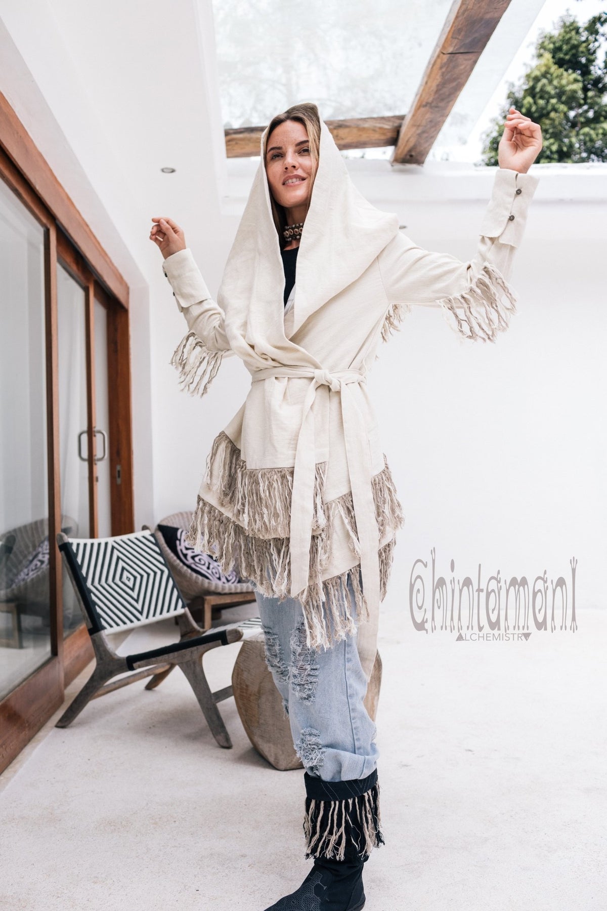 Linen &amp; Silk Fringe Jacket for Women / Hooded Cardigan / Cream - ChintamaniAlchemi