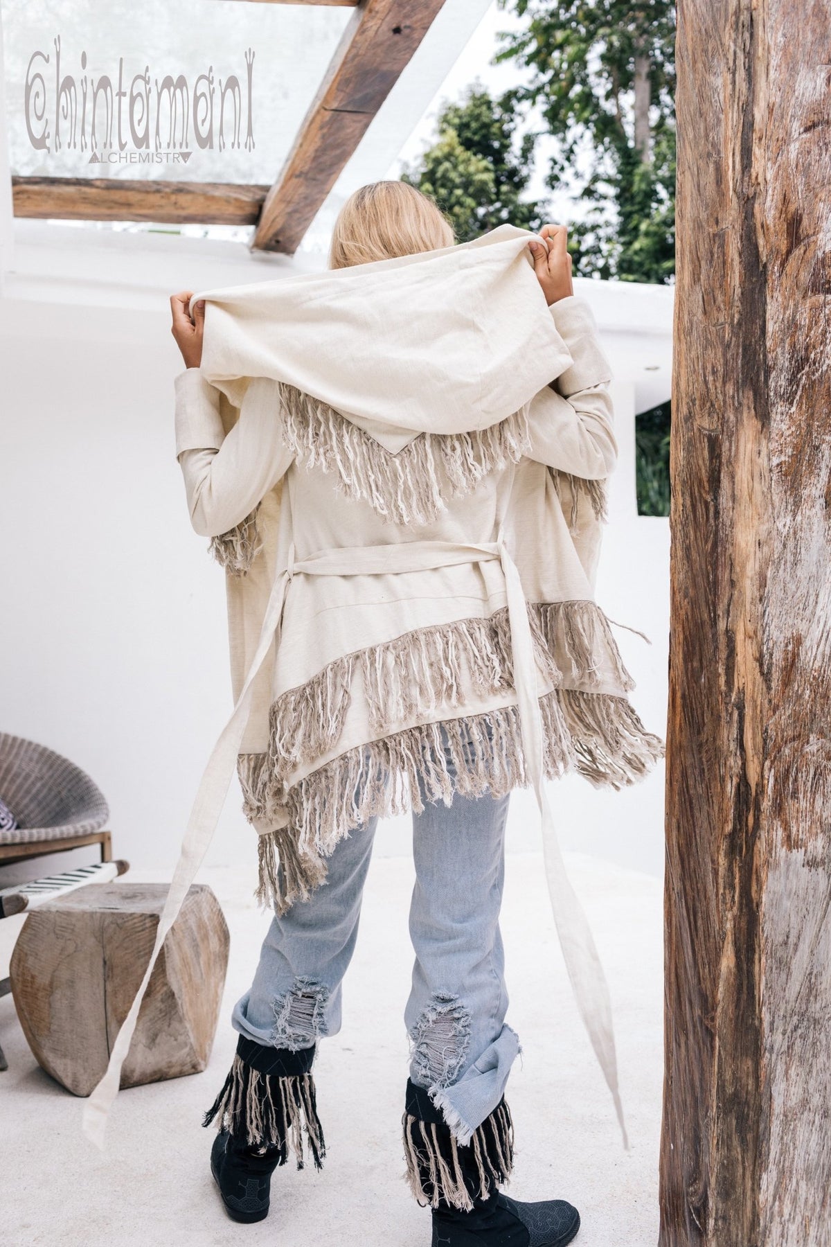 Linen &amp; Silk Fringe Jacket for Women / Hooded Cardigan / Cream - ChintamaniAlchemi