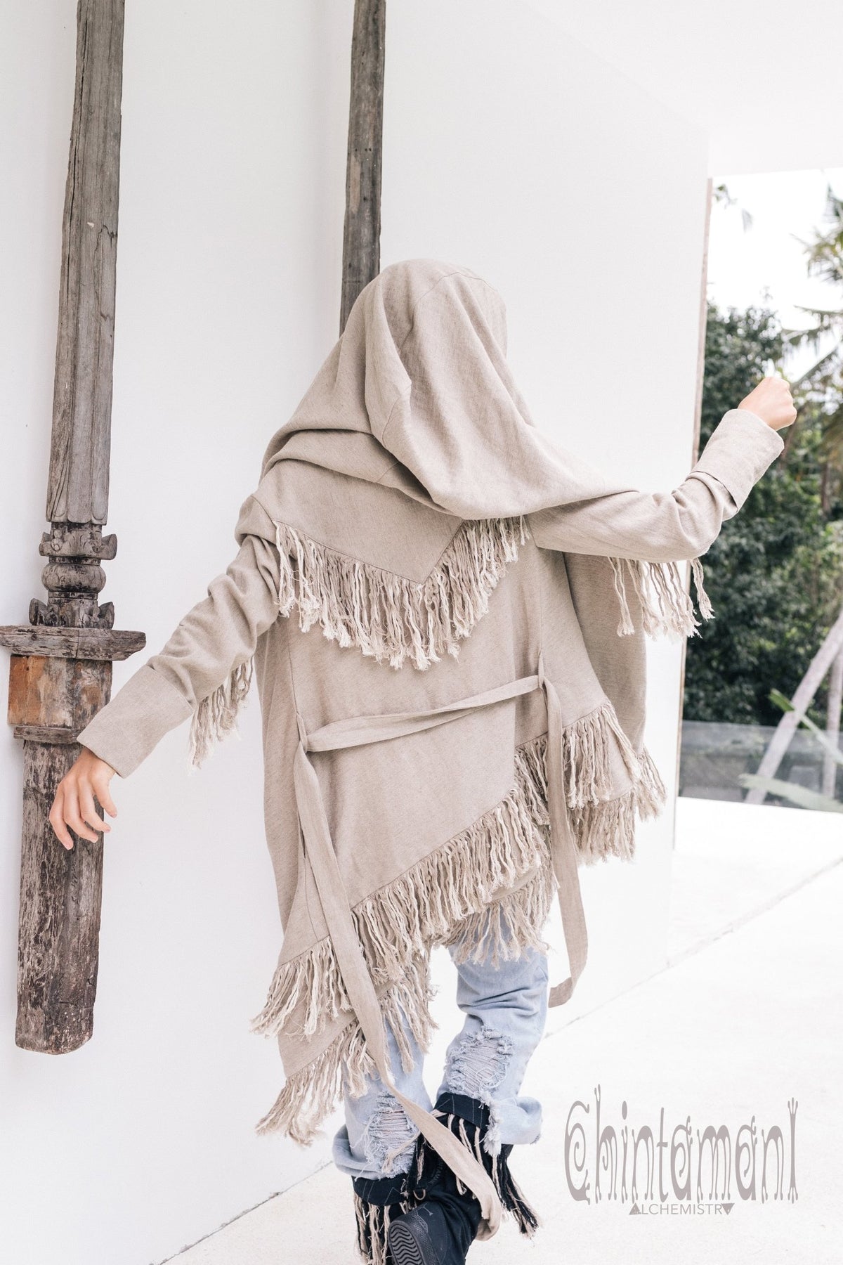 Linen &amp; Silk Fringe Jacket for Women / Hooded Cardigan / Gray - ChintamaniAlchemi