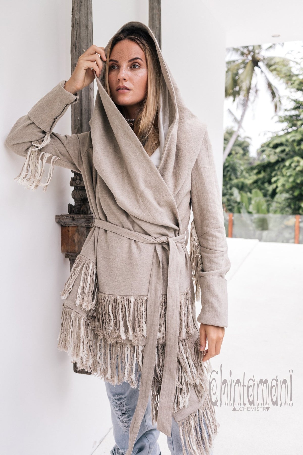 Linen &amp; Silk Fringe Jacket for Women / Hooded Cardigan / Gray - ChintamaniAlchemi