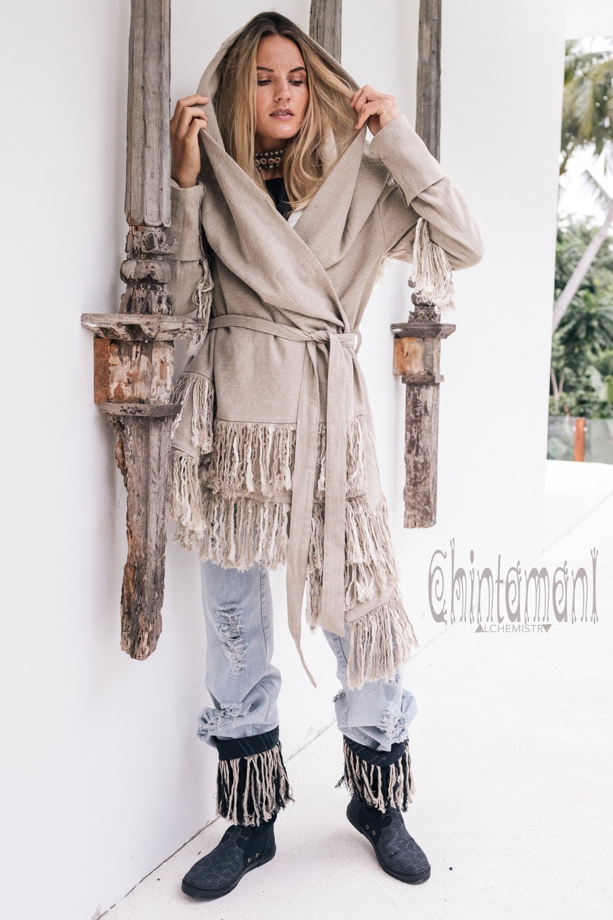 Linen &amp; Silk Fringe Jacket for Women / Hooded Cardigan / Gray - ChintamaniAlchemi