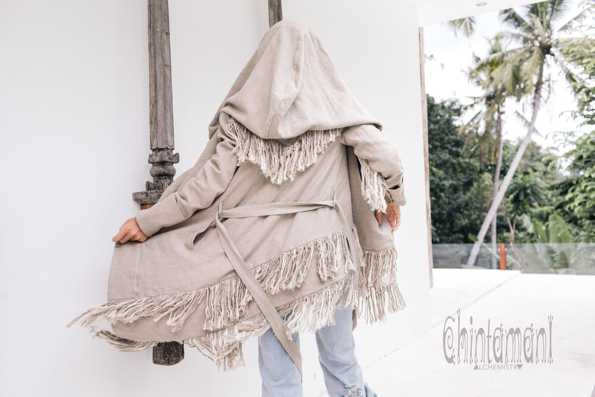 Linen &amp; Silk Fringe Jacket for Women / Hooded Cardigan / Gray - ChintamaniAlchemi