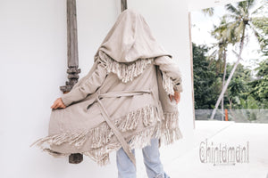 Linen & Silk Fringe Jacket for Women / Hooded Cardigan / Gray - ChintamaniAlchemi